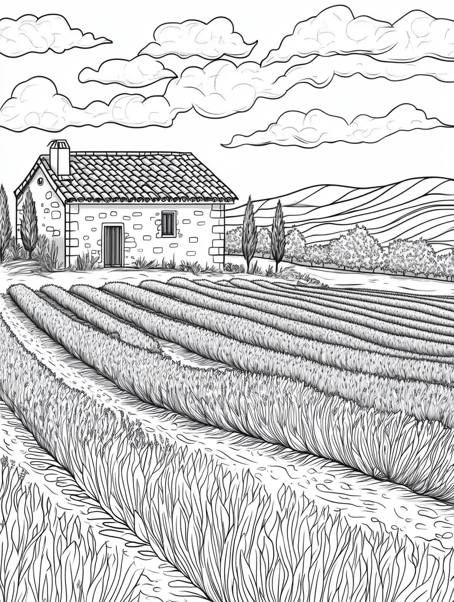 Coloriage adulte champ de lavande Provence sud de France PDF