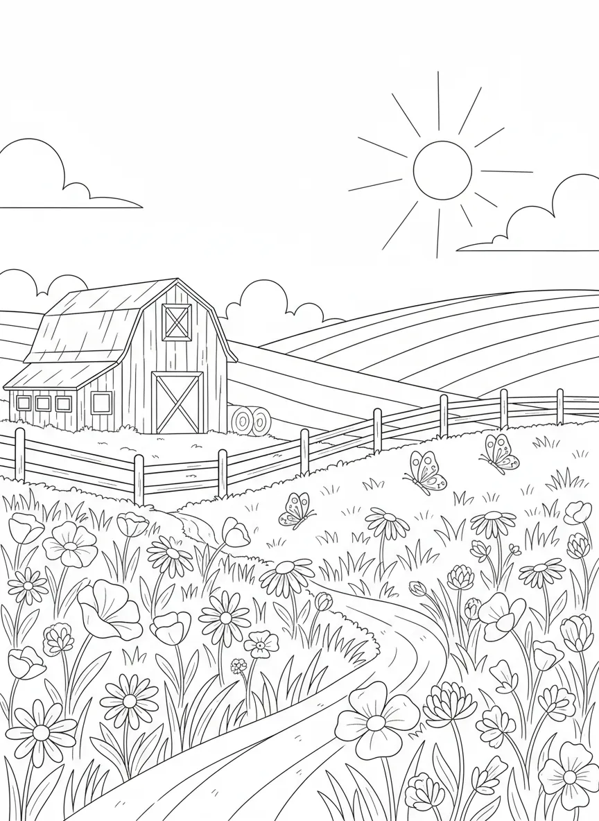 Coloriage adulte gratuit ferme prairie fleurie campagne bucolique PDF facile