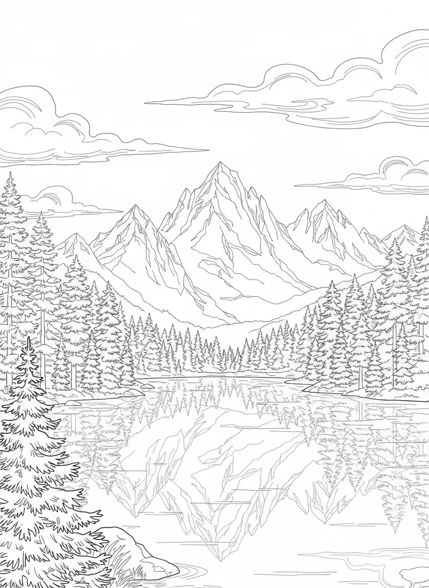 Coloriage adulte lac montagne sapins reflets paysage alpin PDF gratuit