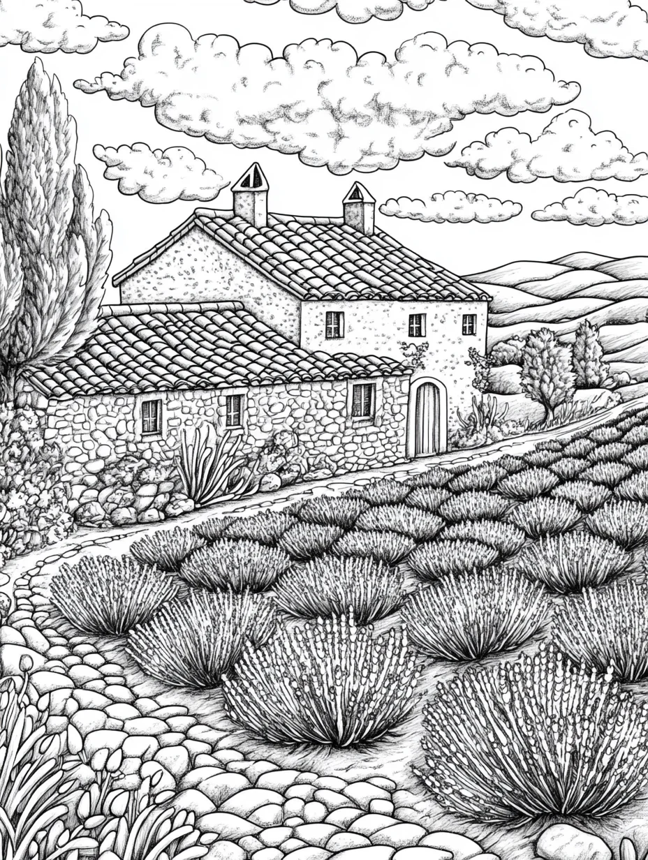 Coloriage adulte maison provençale champ lavande sud France PDF