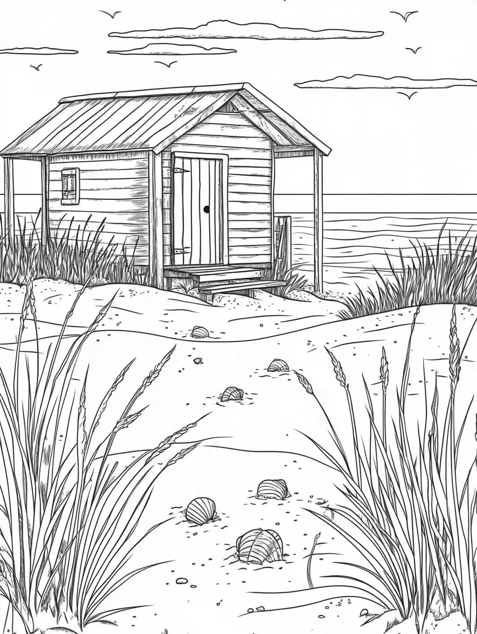 Coloriage adulte gratuit chalet bord de mer océan côtier PDF facile