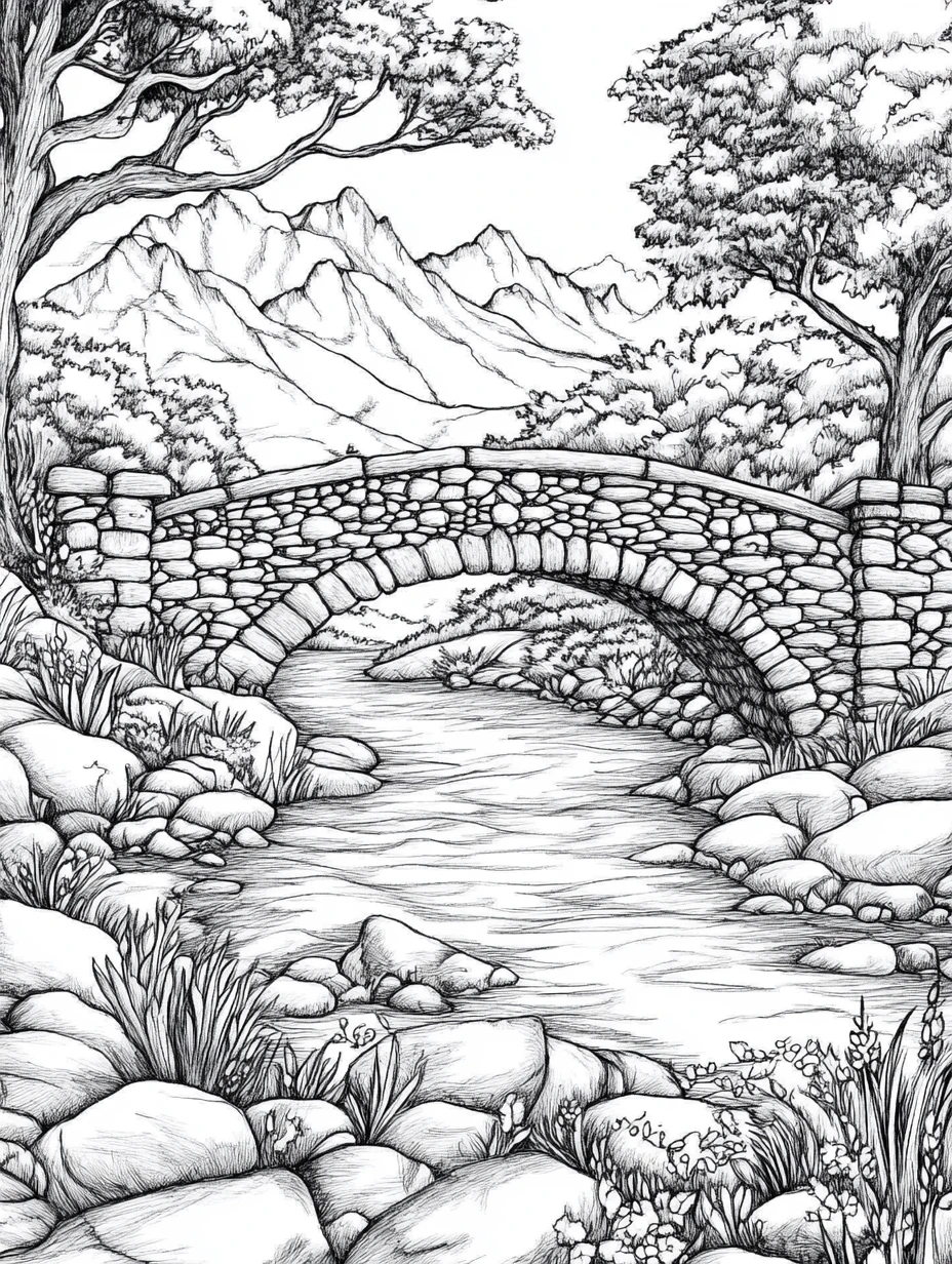 Coloriage adulte pont de pierre rivière paysage bucolique PDF