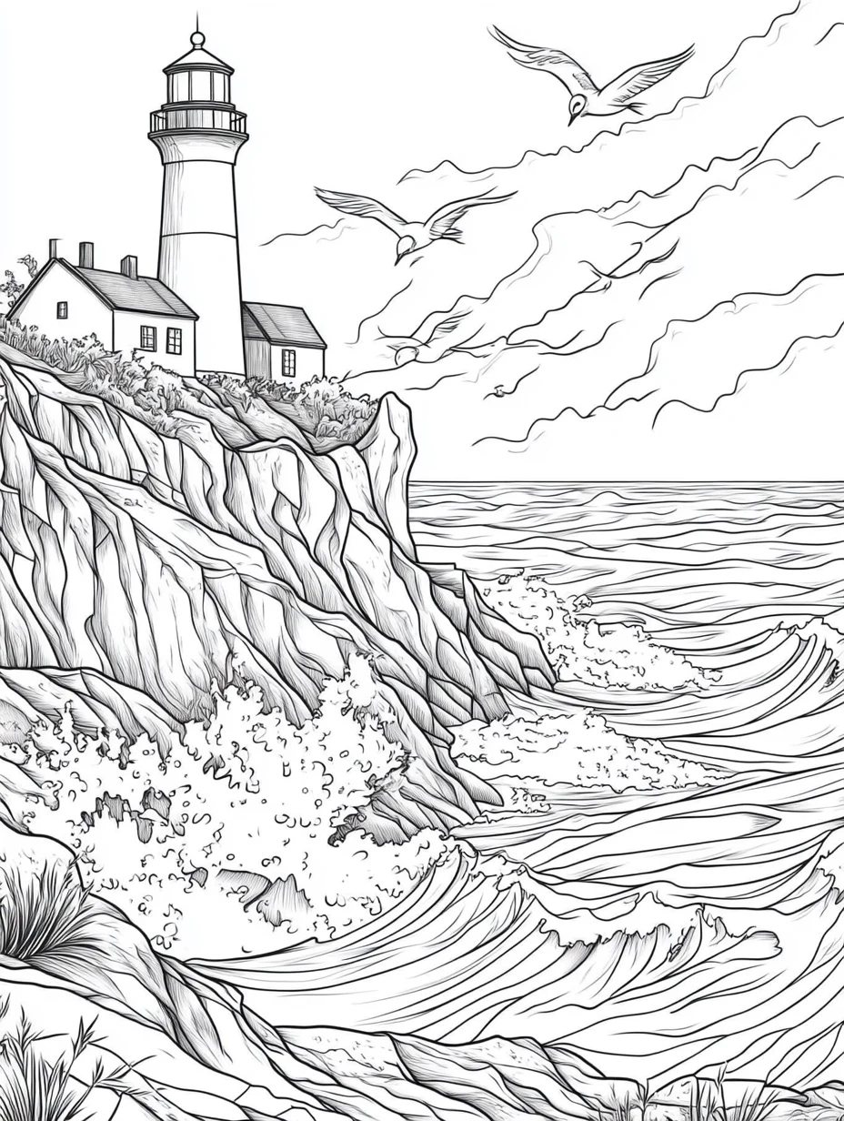 Coloriage adulte expert phare falaise océan vagues tempête PDF