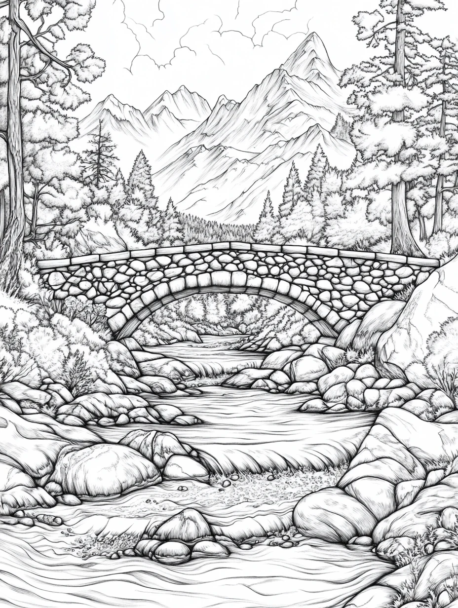 Coloriage adulte gratuit pont pierre rivière montagne alpine PDF