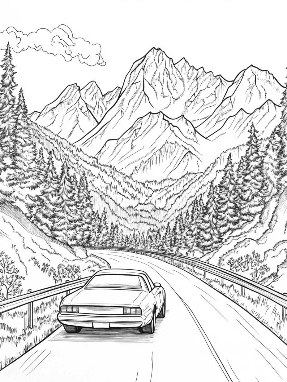 Coloriage adulte route montagne voiture vintage roadtrip aventure PDF