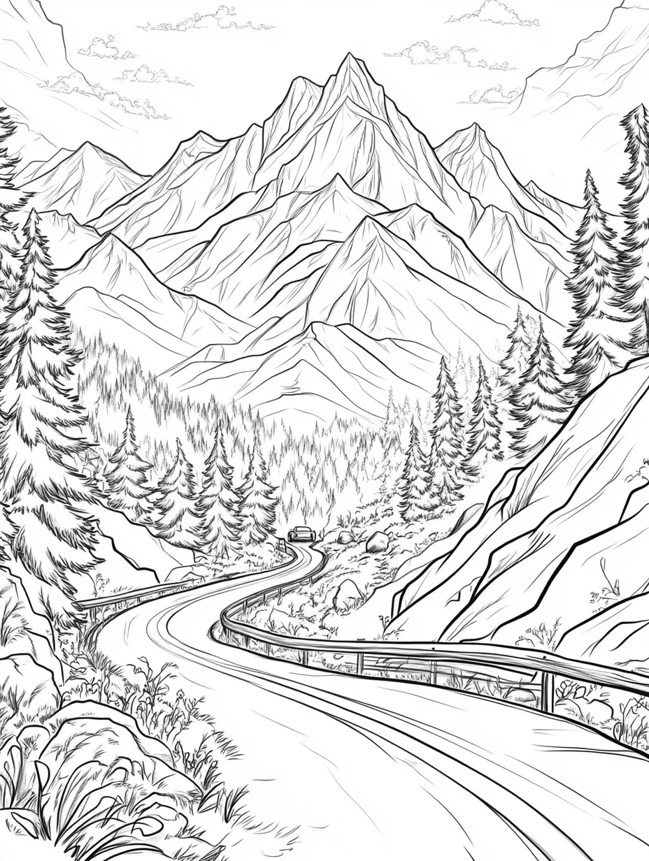 Coloriage adulte expert route montagne sinueuse col alpin PDF