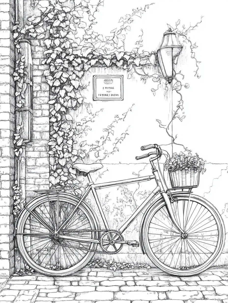 Coloriage adulte gratuit scène urbaine bicyclette café parisien PDF