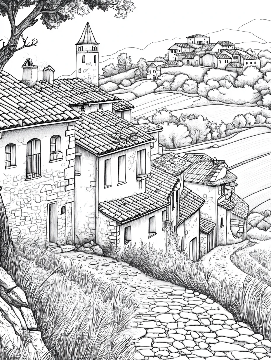 Coloriage adulte expert village perché pierre collines médiéval PDF