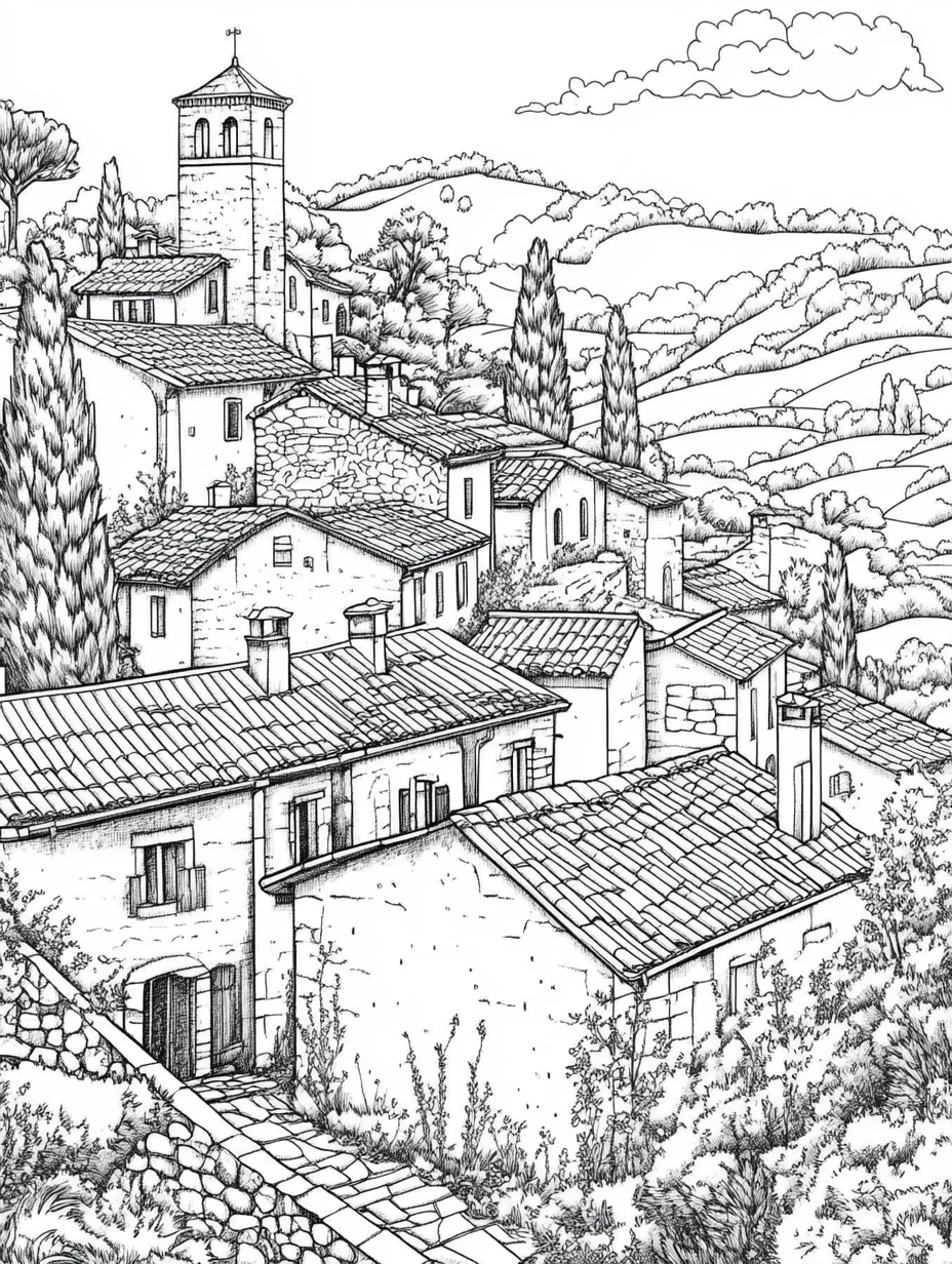 Coloriage adulte village méditerranéen collines sud France PDF
