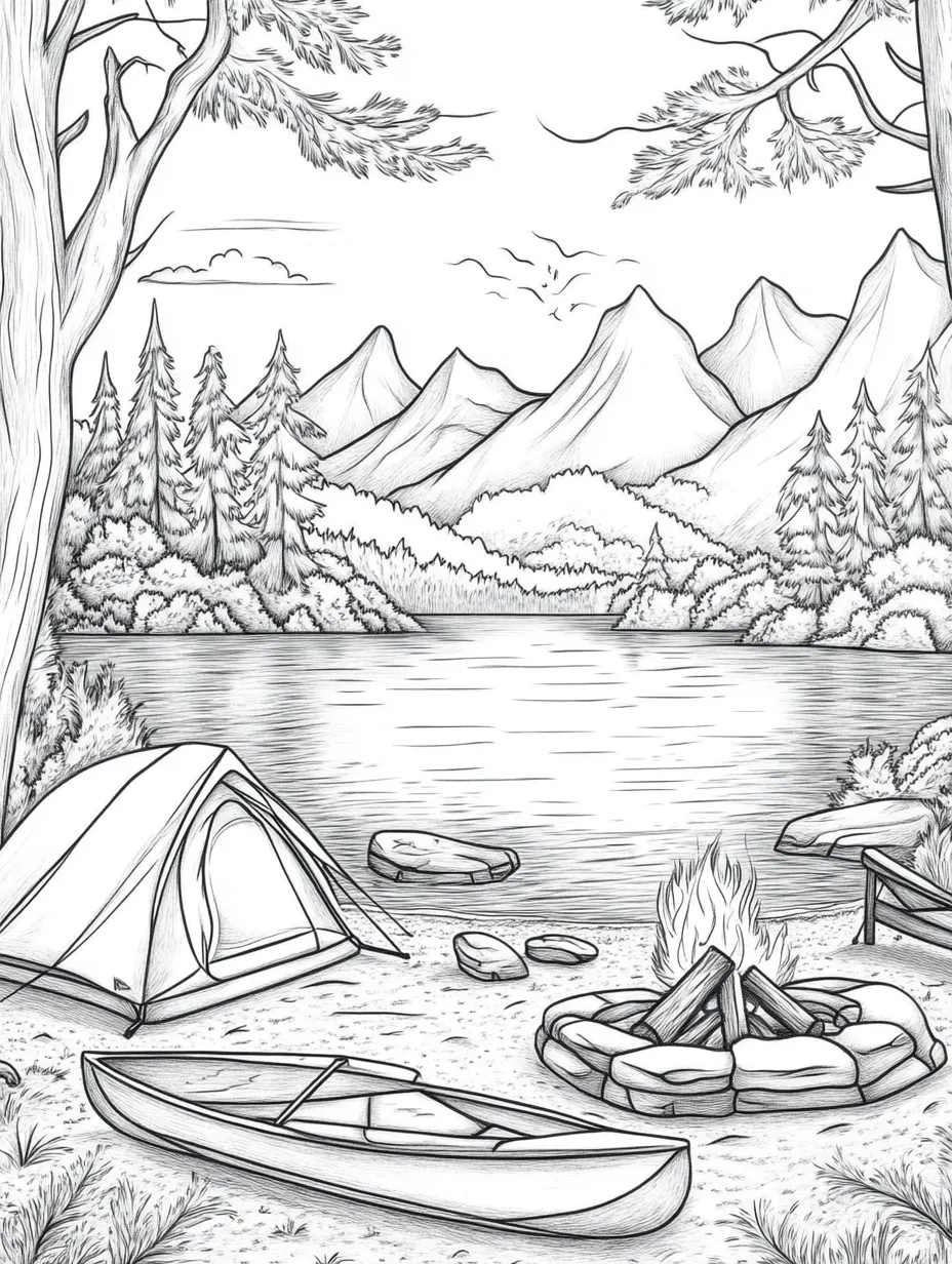 Coloriage adulte gratuit camping nature tente feu camp forêt PDF facile