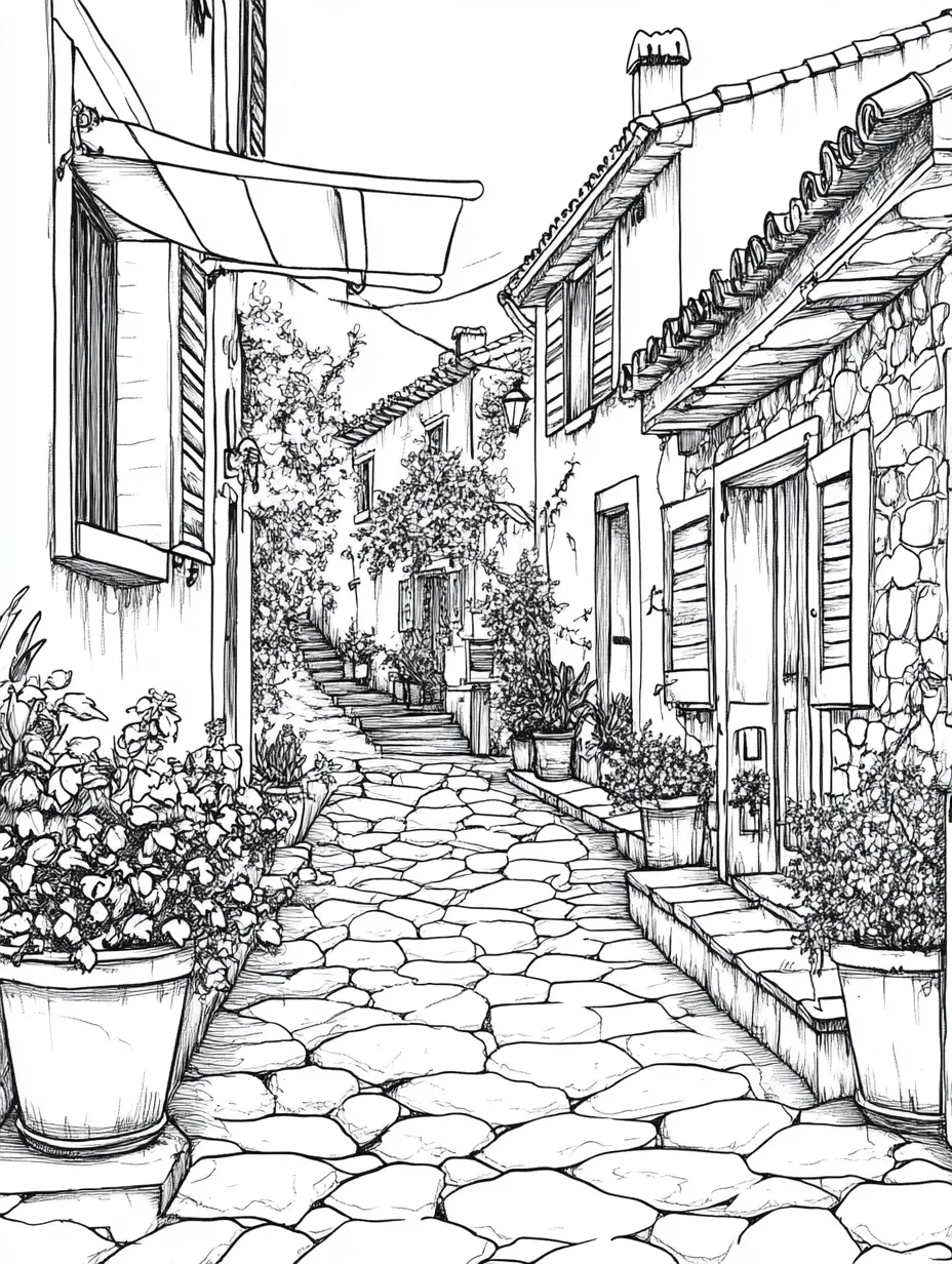 Coloriage adulte gratuit ruelle méditerranéenne sud ensoleillée PDF