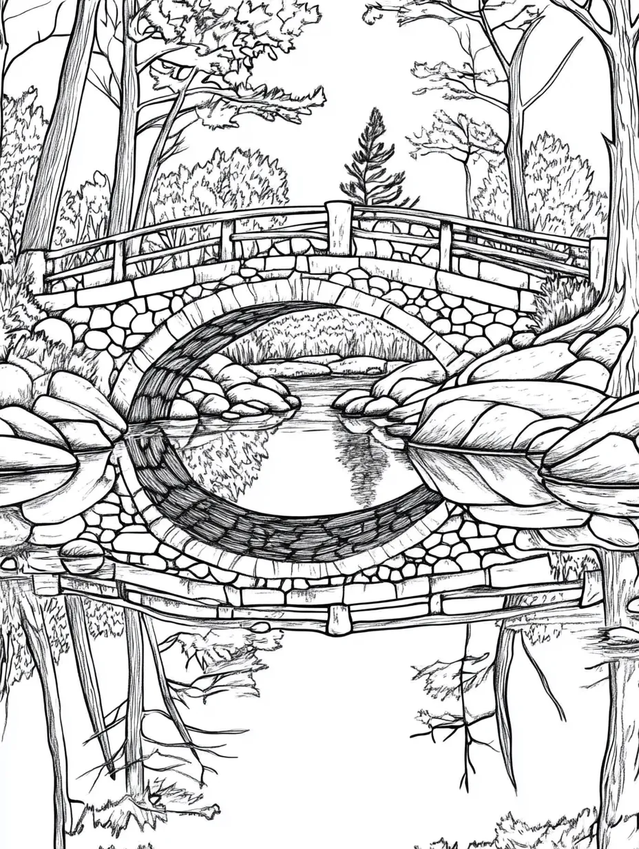 Coloriage adulte gratuit pont rustique ruisseau nature verdure PDF