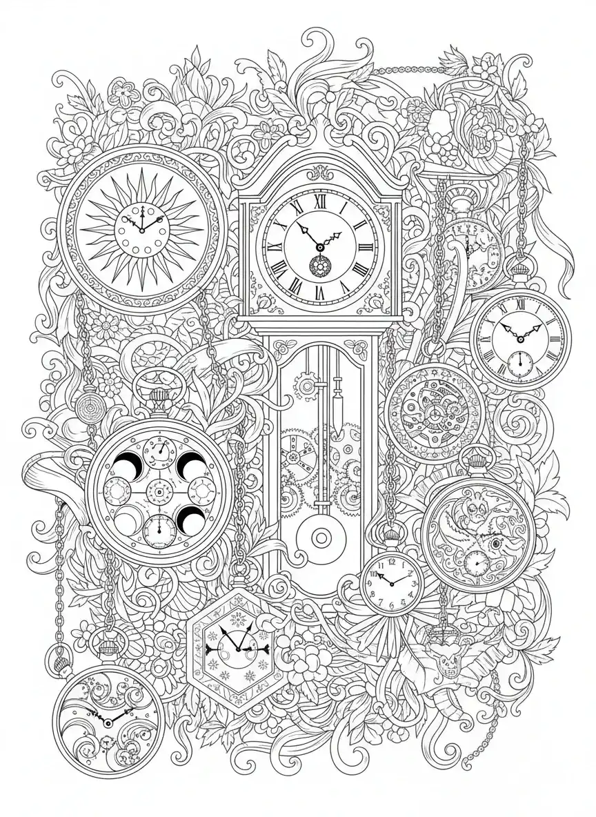 Coloriage adulte expert collection horloges anciennes vintage détaillées PDF