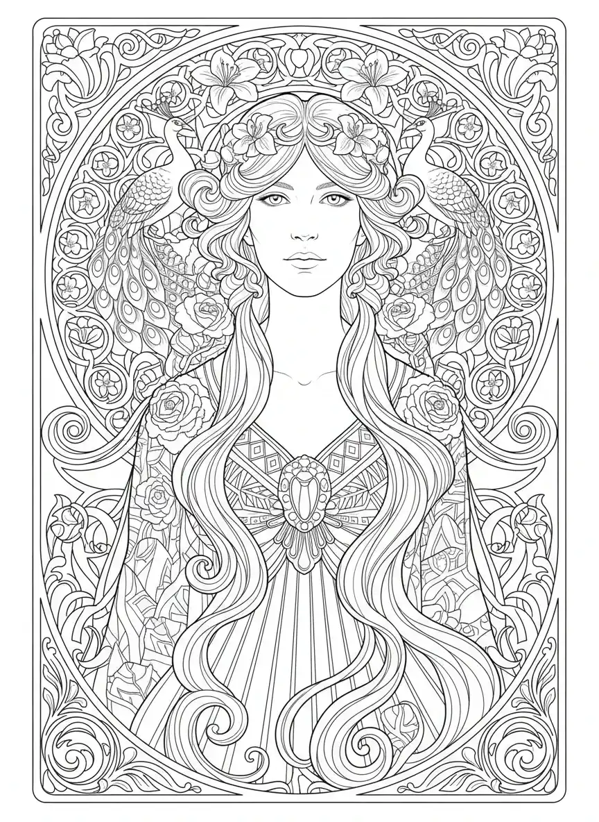 Coloriage adulte expert portrait femme art nouveau Belle Époque vintage PDF