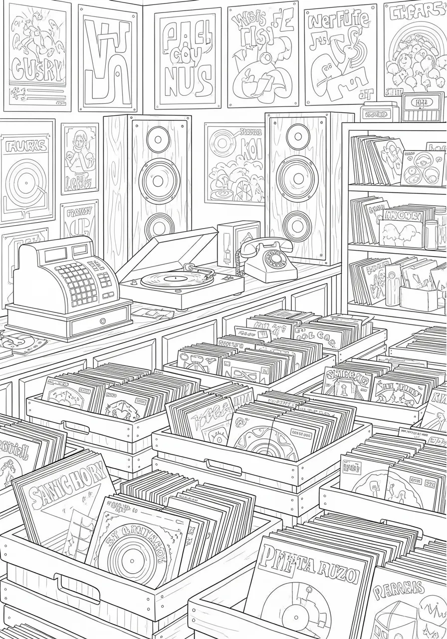 Coloriage adulte expert boutique disques vinyles années 70 musique rétro vintage PDF