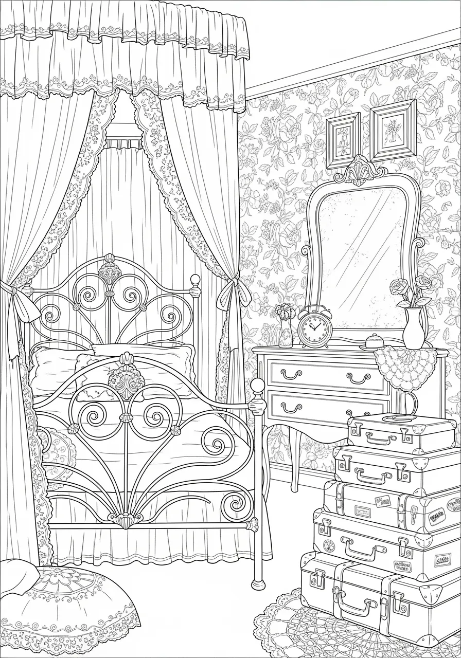 Coloriage adulte expert chambre vintage shabby chic lit fer forgé romantique rétro PDF