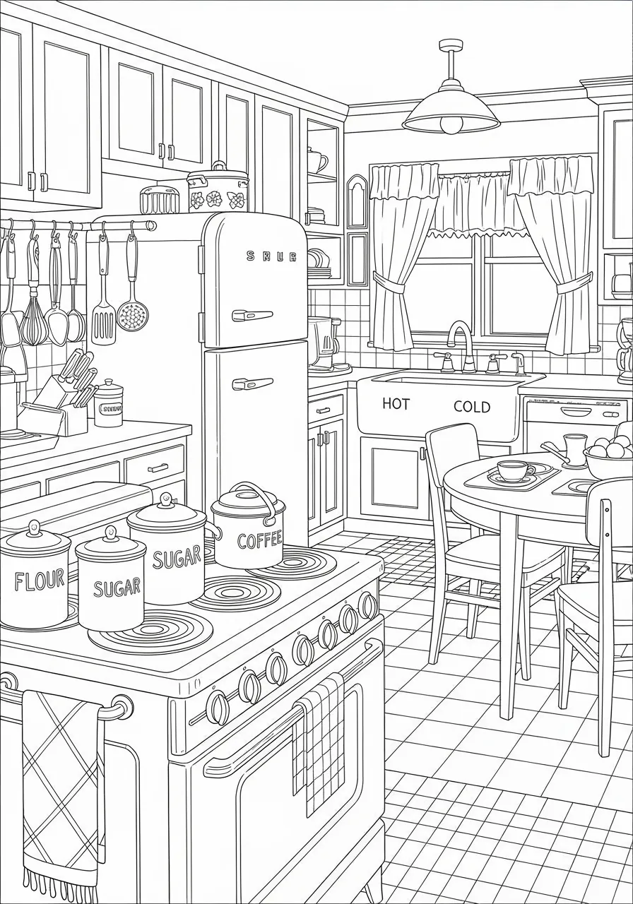 Coloriage adulte moyen cuisine américaine rétro années 50 fifties vintage diner PDF