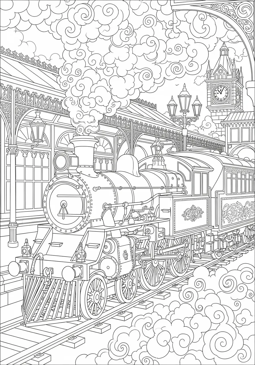 Coloriage adulte expert locomotive vapeur gare victorienne train vintage architecture PDF
