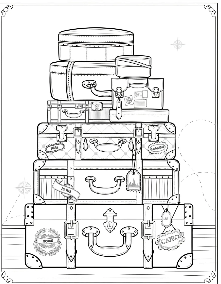 Coloriage adulte facile valises voyage vintage étiquettes destinations monde rétro PDF