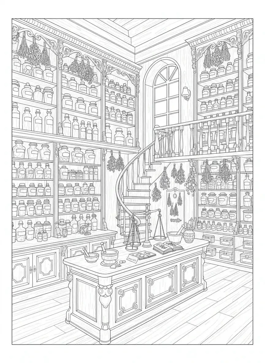 Coloriage adulte gratuit intérieur apothicaire pharmacie vintage rétro PDF
