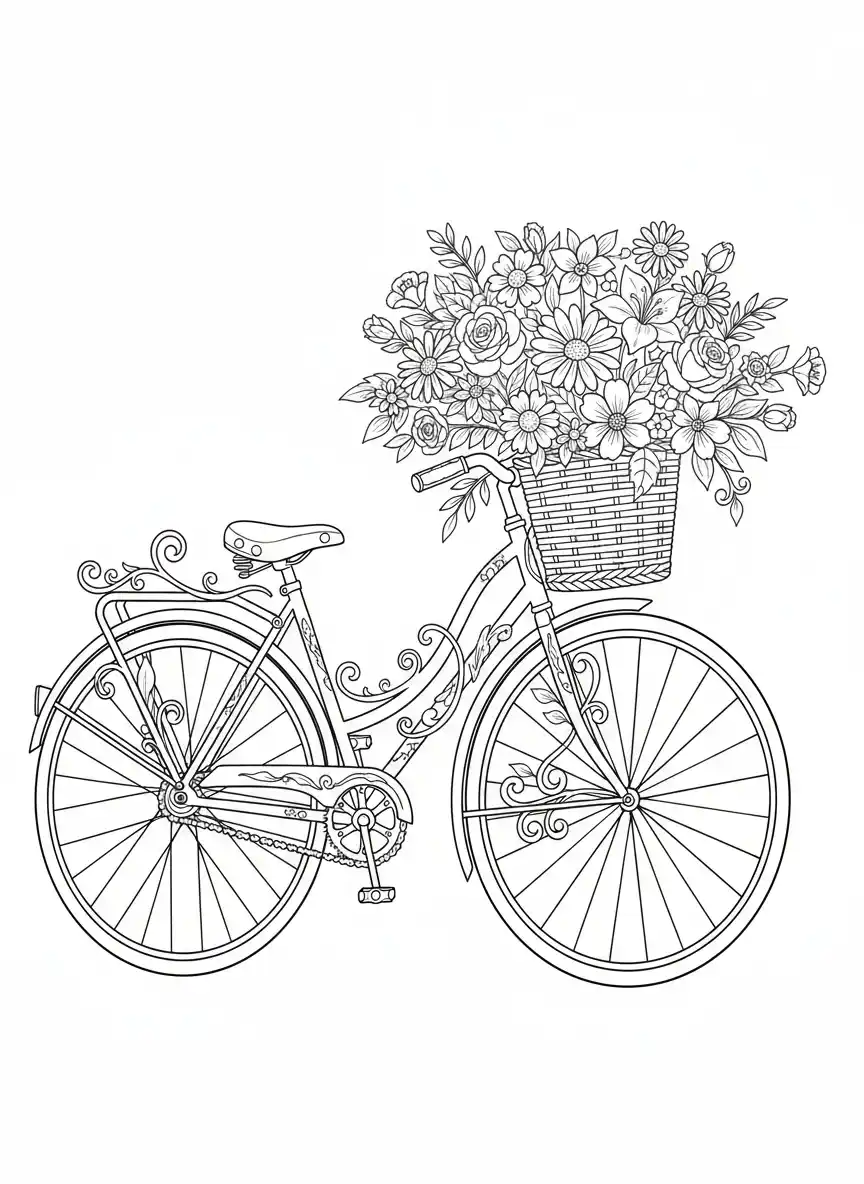 Coloriage adulte facile bicyclette vintage fleurie romantique rétro à imprimer PDF