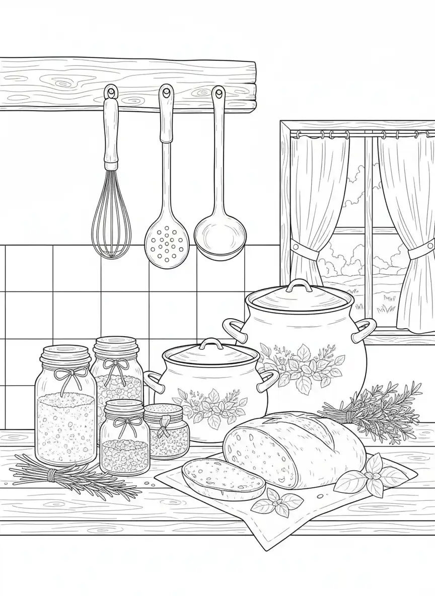 Coloriage adulte facile nature morte cuisine vintage rétro nostalgie à imprimer PDF