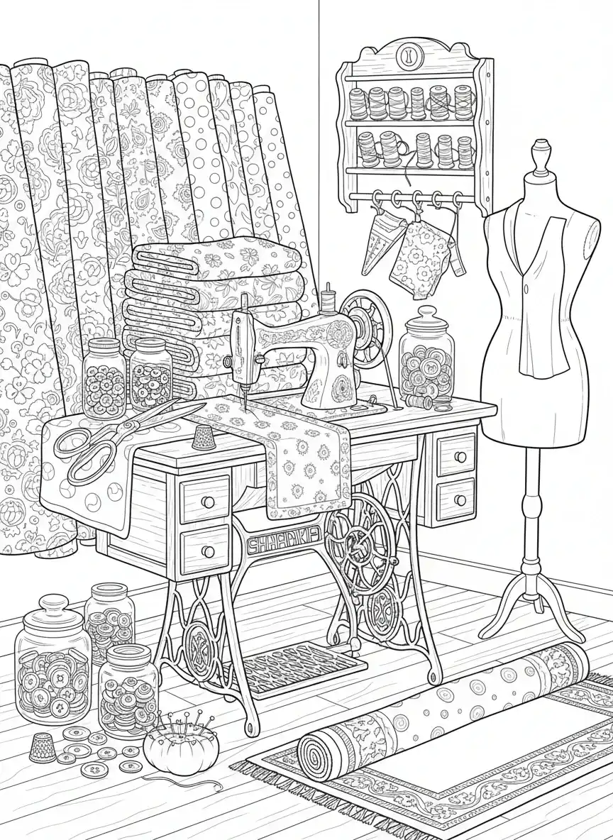 Coloriage adulte gratuit atelier couture vintage machine à coudre ancienne PDF