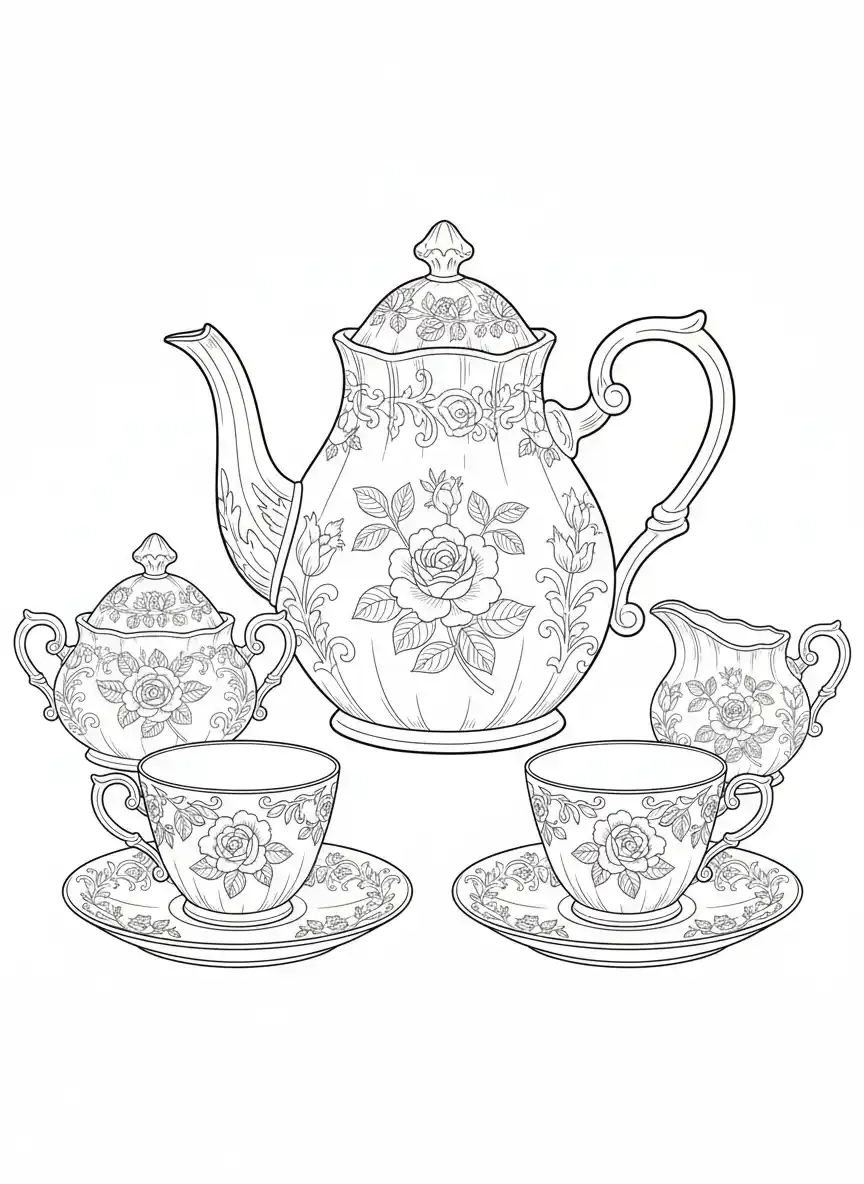 Coloriage adulte facile service thé porcelaine vintage élégant rétro à imprimer PDF