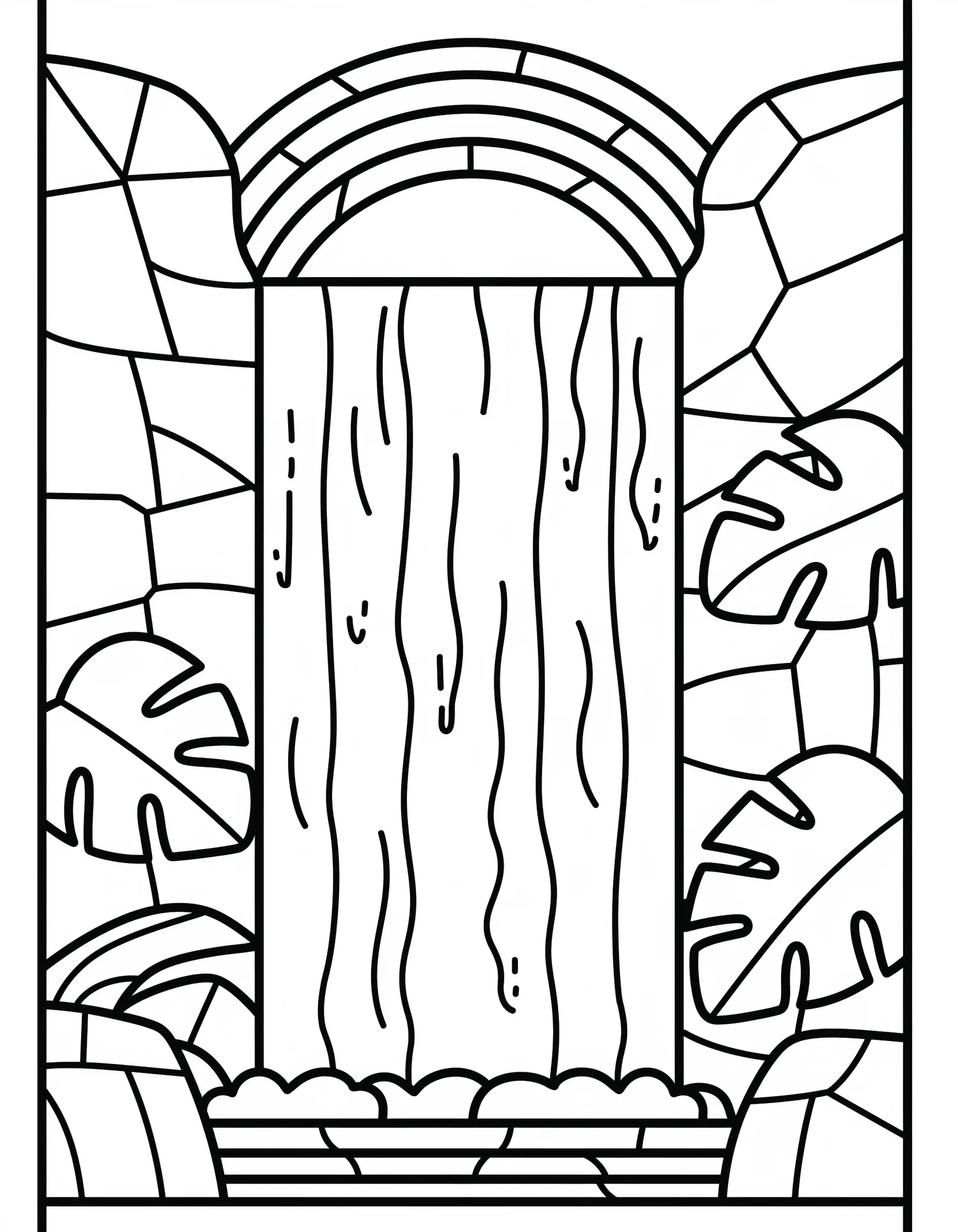 Coloriage adulte facile chute eau tropicale vitrail paysage PDF