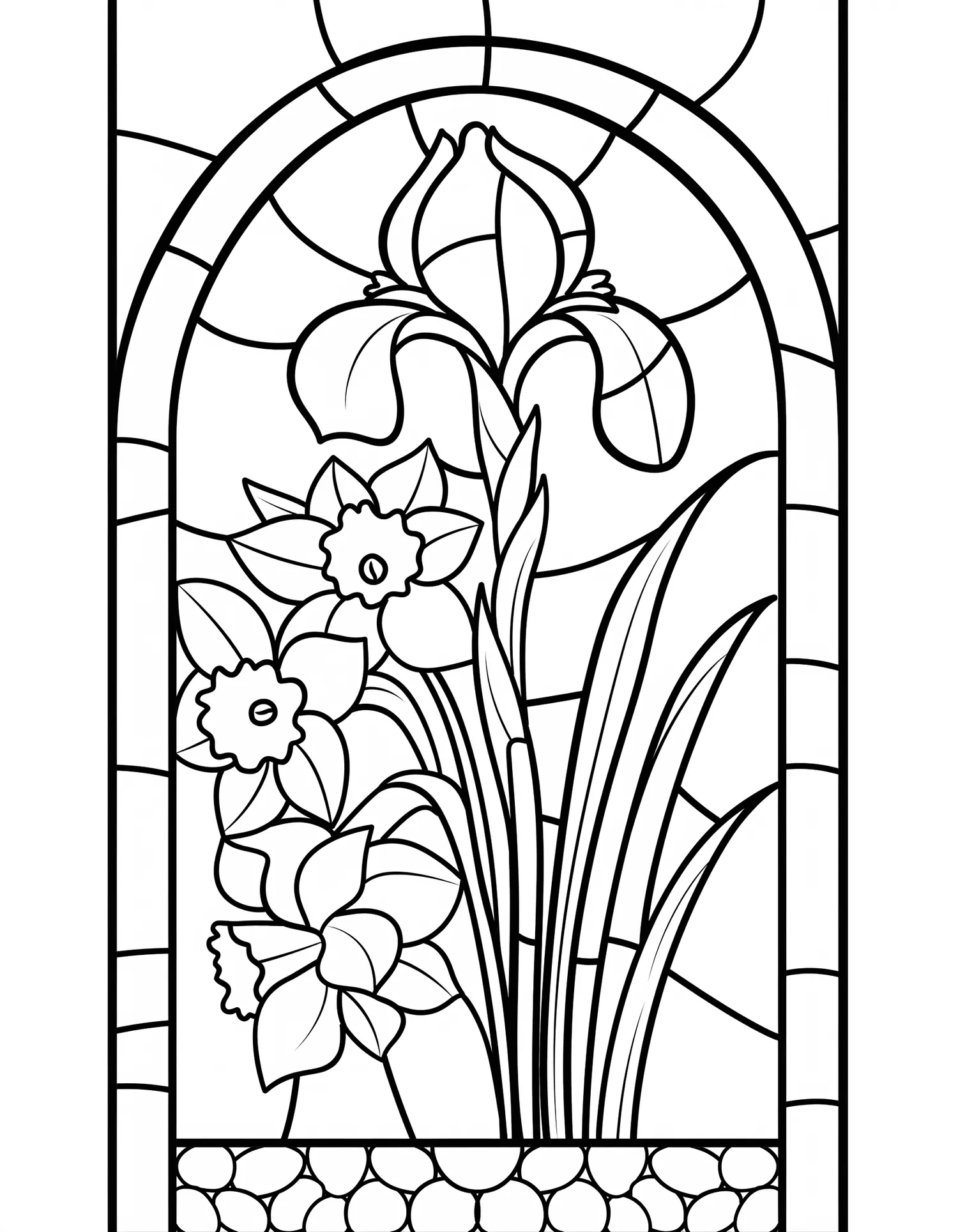Coloriage adulte gratuit iris jonquilles vitrail printemps fleurs PDF