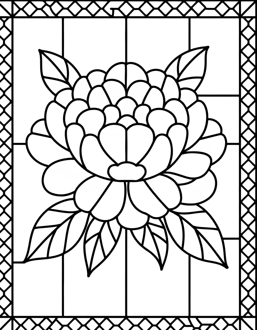 Coloriage adulte gratuit pivoine vitrail Art Nouveau fleur PDF