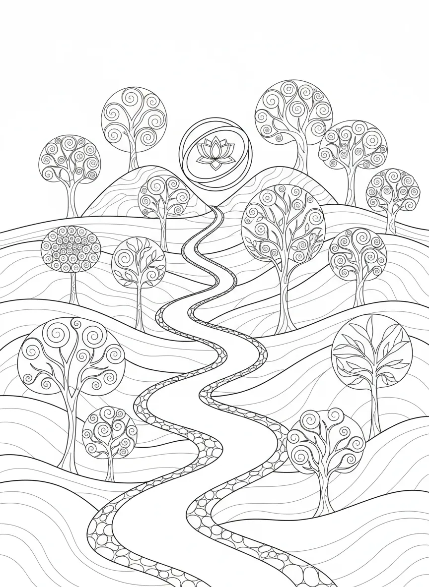 Coloriage adulte anti-stress chemin méditatif forêt zen nature relaxation PDF