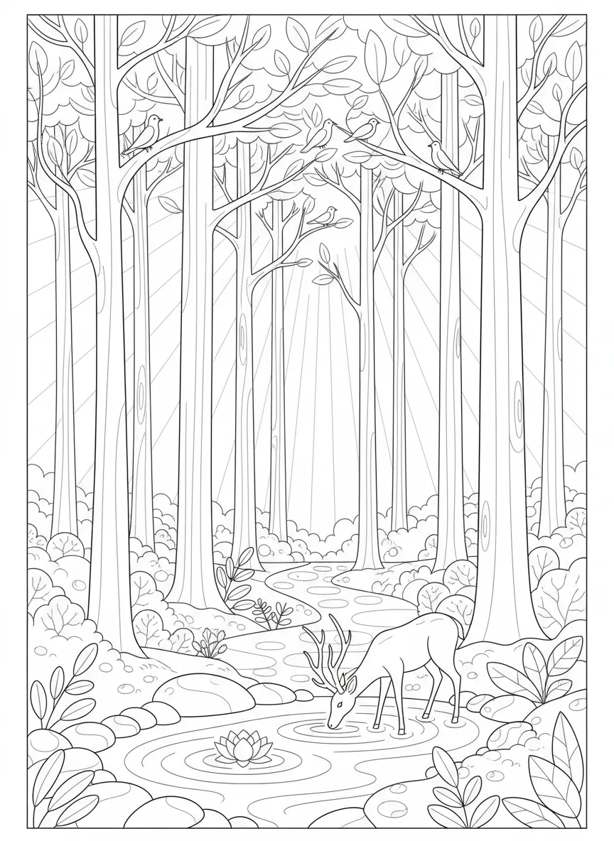 Coloriage adulte anti-stress forêt zen paisible nature méditation relaxation PDF