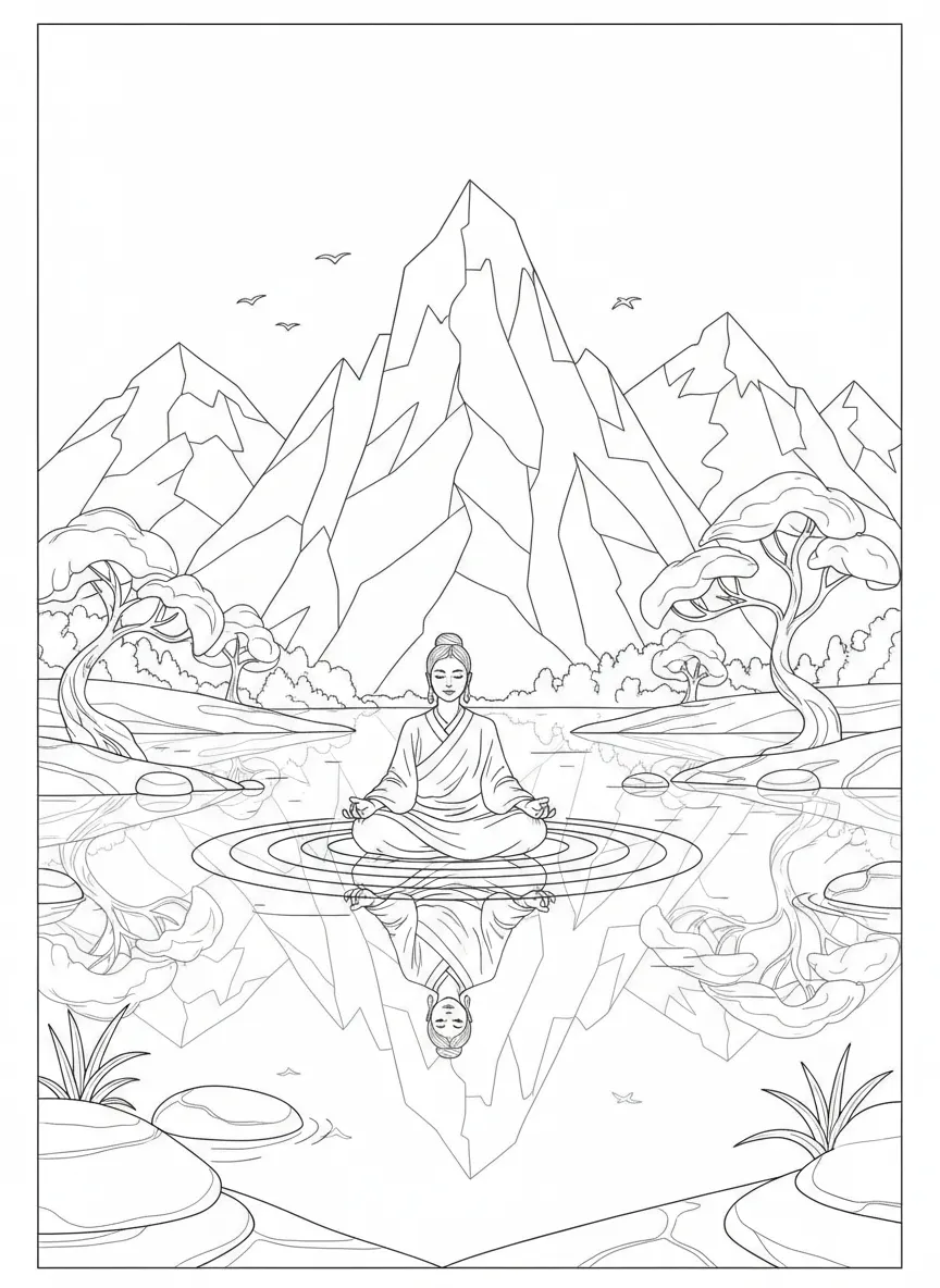 Coloriage adulte anti-stress méditation montagnes lac zen nature gratuit PDF