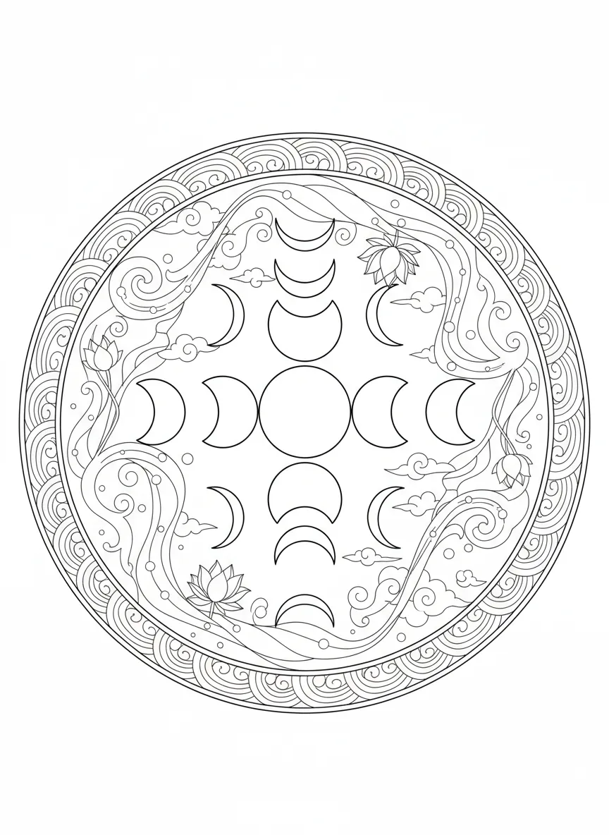 Coloriage adulte anti-stress phases lune cosmique méditation zen gratuit PDF