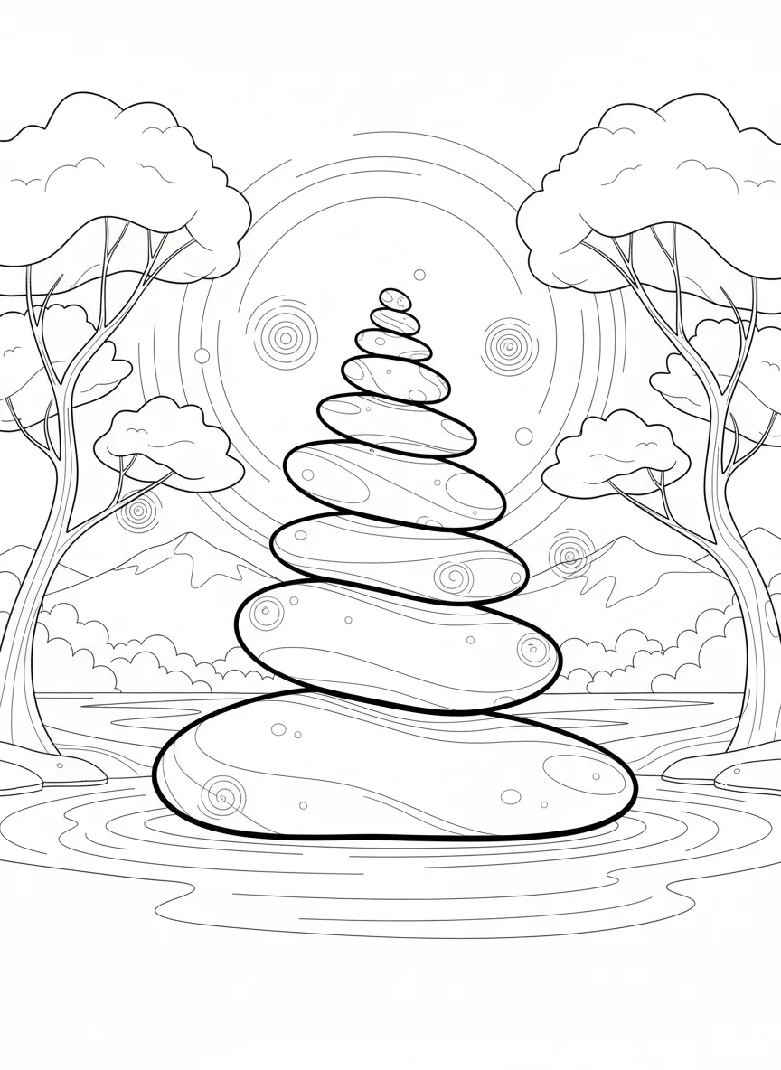 Coloriage adulte anti-stress pierres zen équilibre méditation relaxation PDF