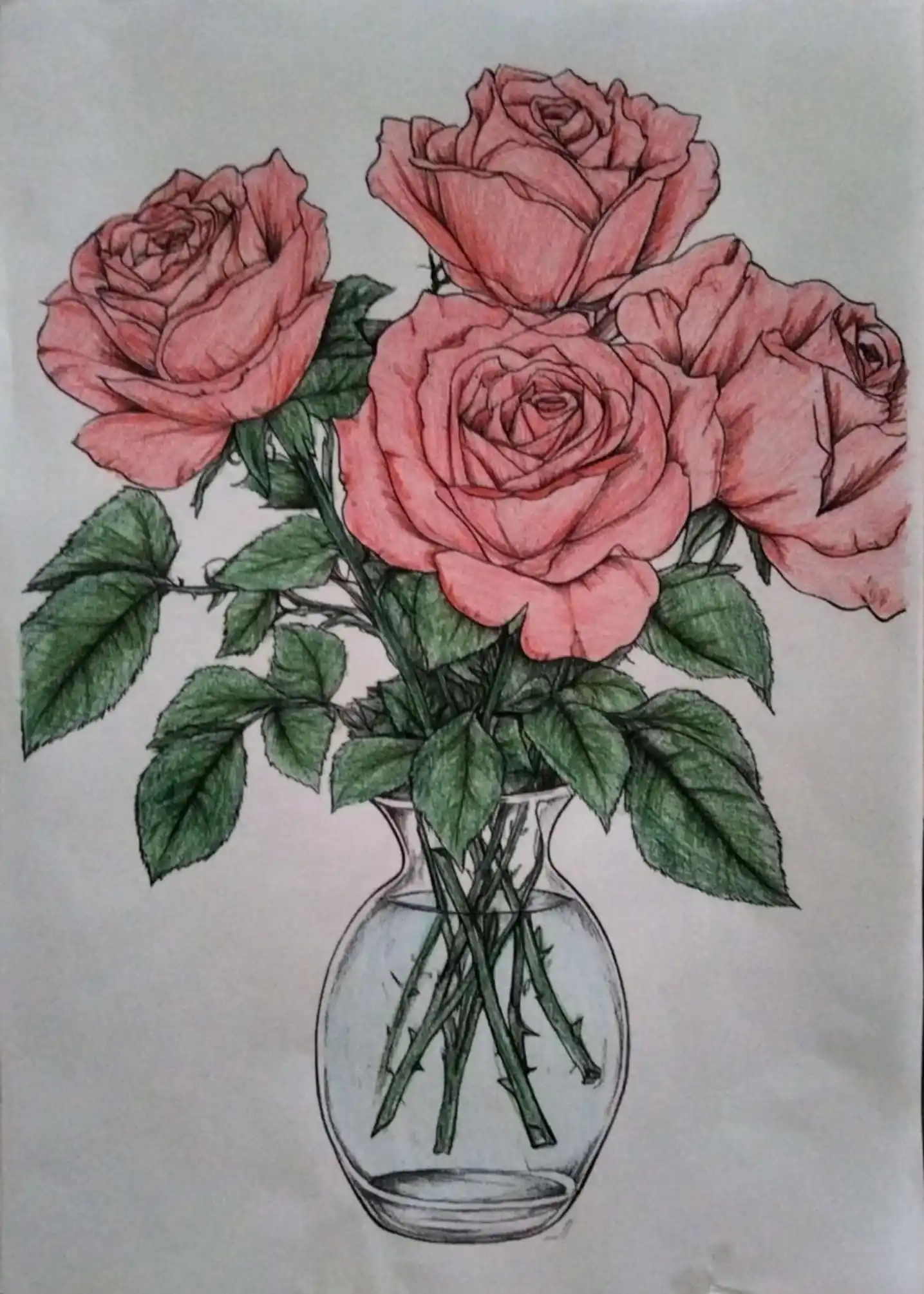 Exemple de coloriage floral adulte colorié - Bouquet de Roses aux crayons de couleur