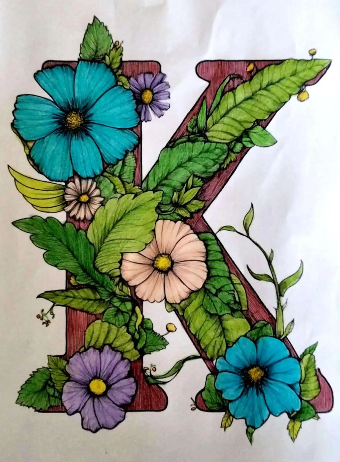 Coloriage lettrage adulte colorié - Monogramme Fleuri aux feutres et crayons
