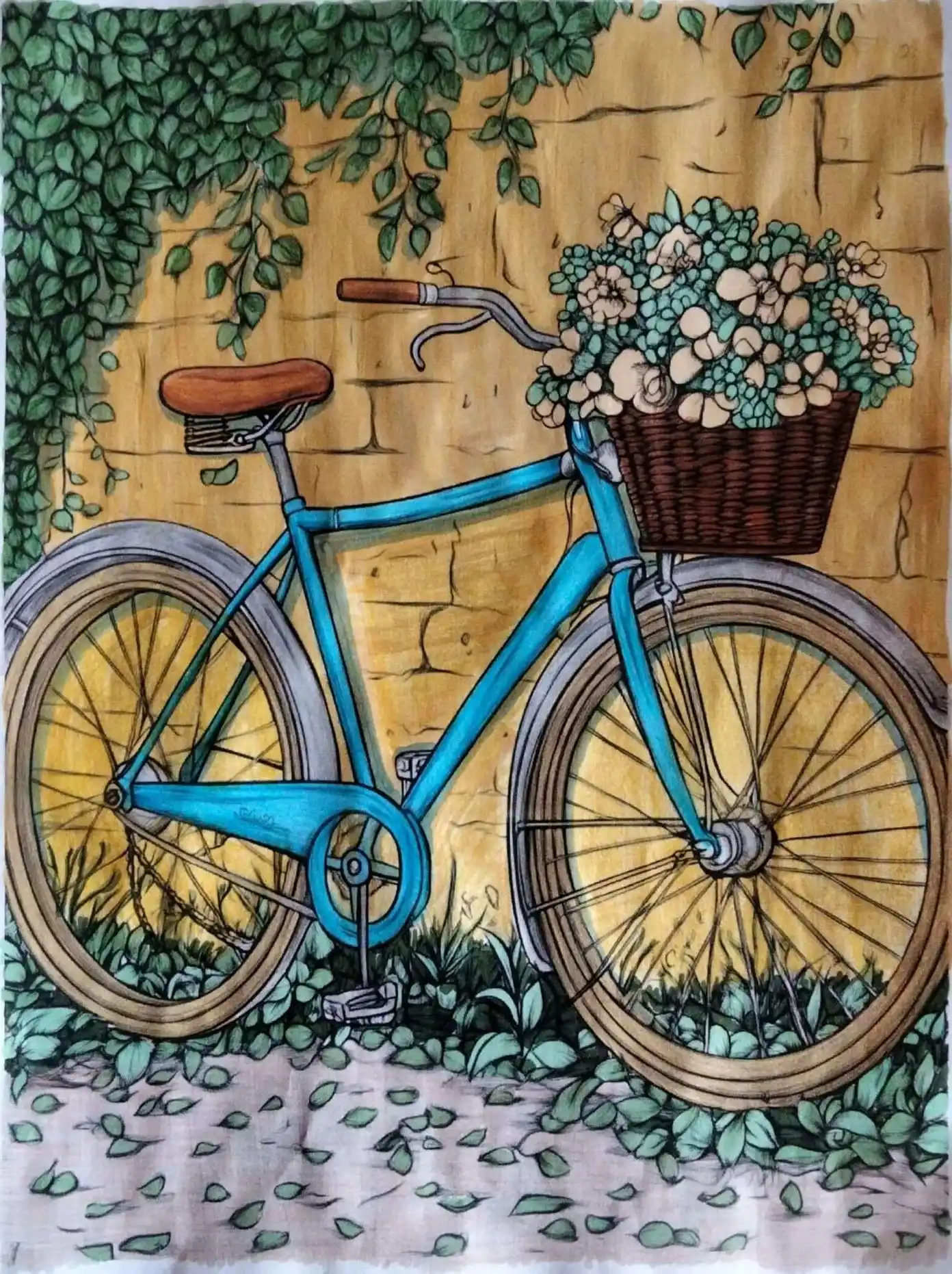 Coloriage scène de vie pour adulte mis en couleur - Vélo Fleuri aux crayons