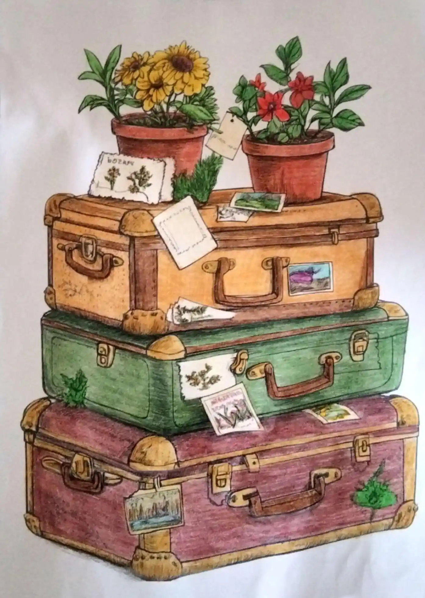 Exemple de coloriage vintage adulte terminé - Valises Voyageuses colorié aux crayons