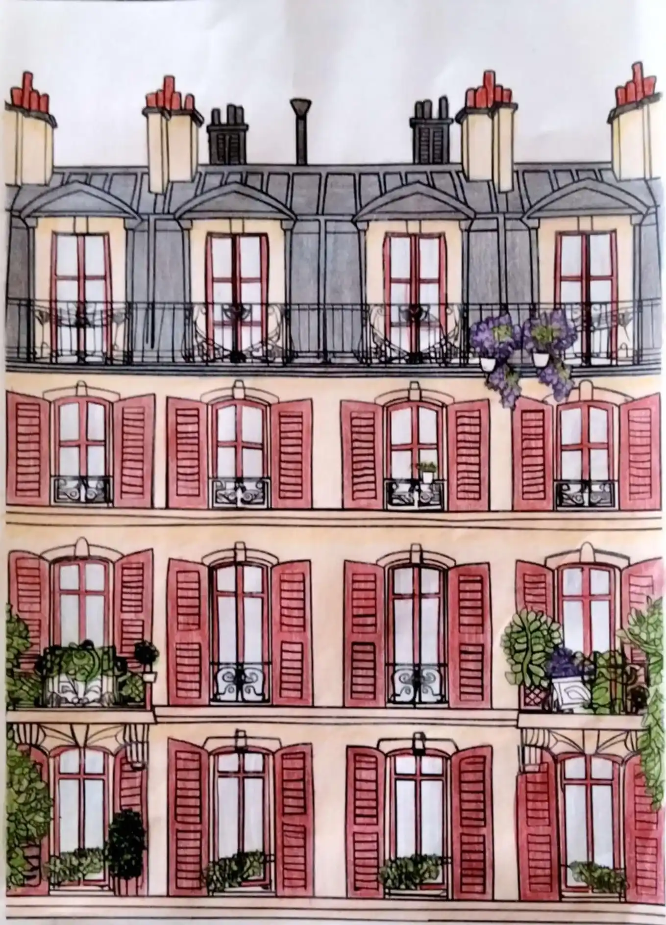 Coloriage architecture pour adulte colorié - Façade Parisienne aux feutres