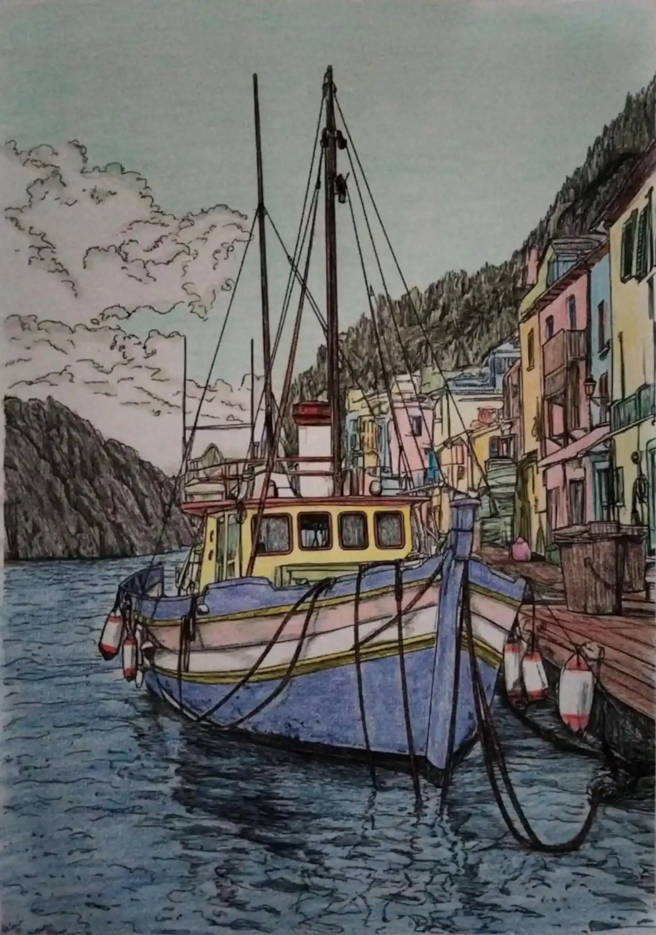 Coloriage maritime adulte mis en couleur - Port Méditerranéen aux crayons de couleur