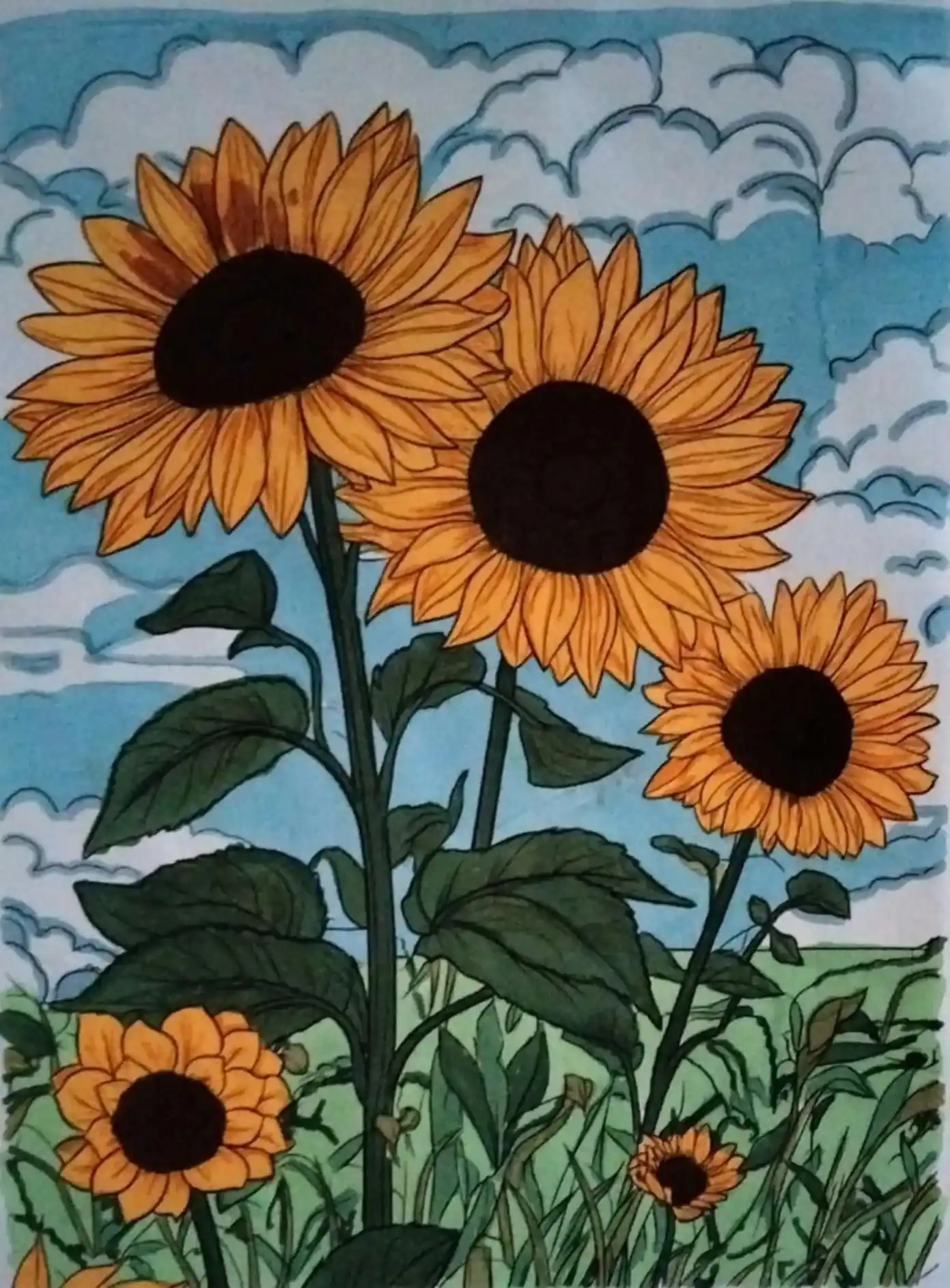 Exemple de coloriage nature adulte terminé - Champ de Tournesols colorié aux feutres