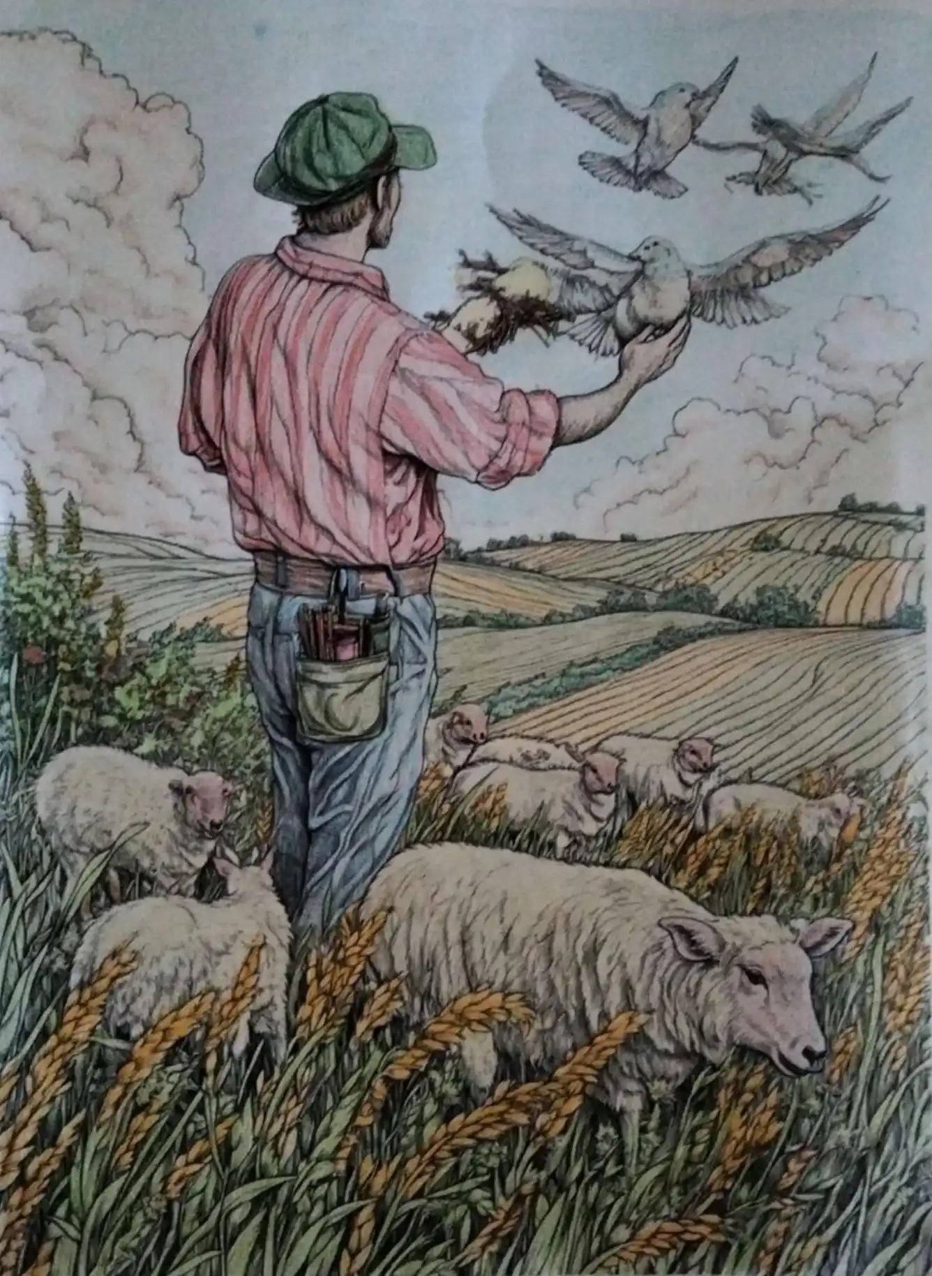 Coloriage paysage pour adulte mis en couleur - Berger aux Champs avec techniques aquarelle