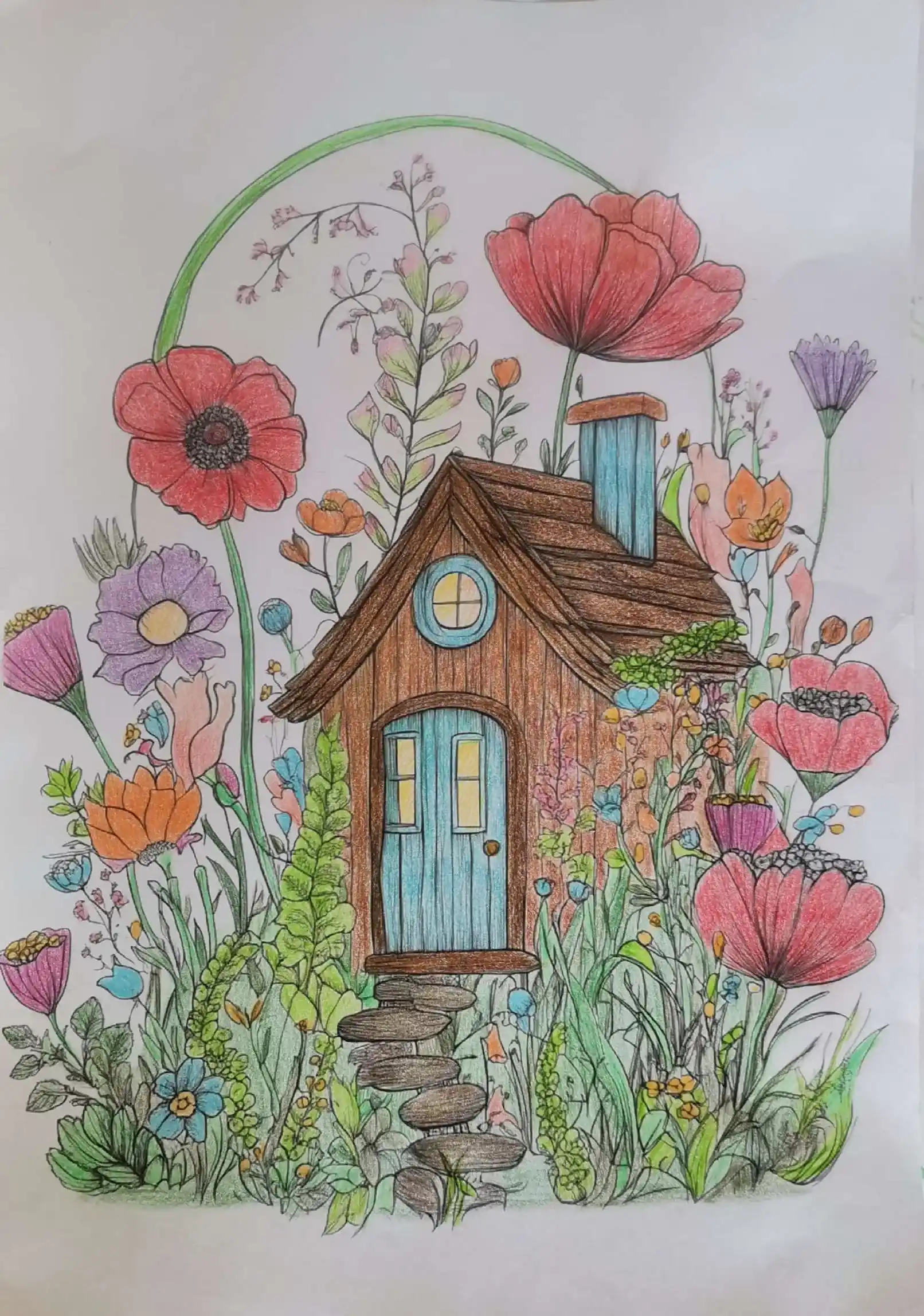 Coloriage fantaisie adulte terminé - Maisonnette Fleurie colorié aux crayons