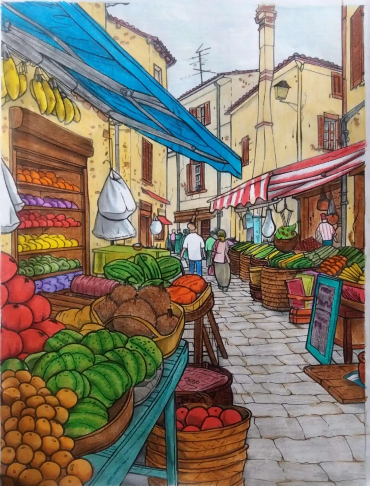 Exemple de coloriage urbain pour adulte - Marché Provençal colorié aux feutres