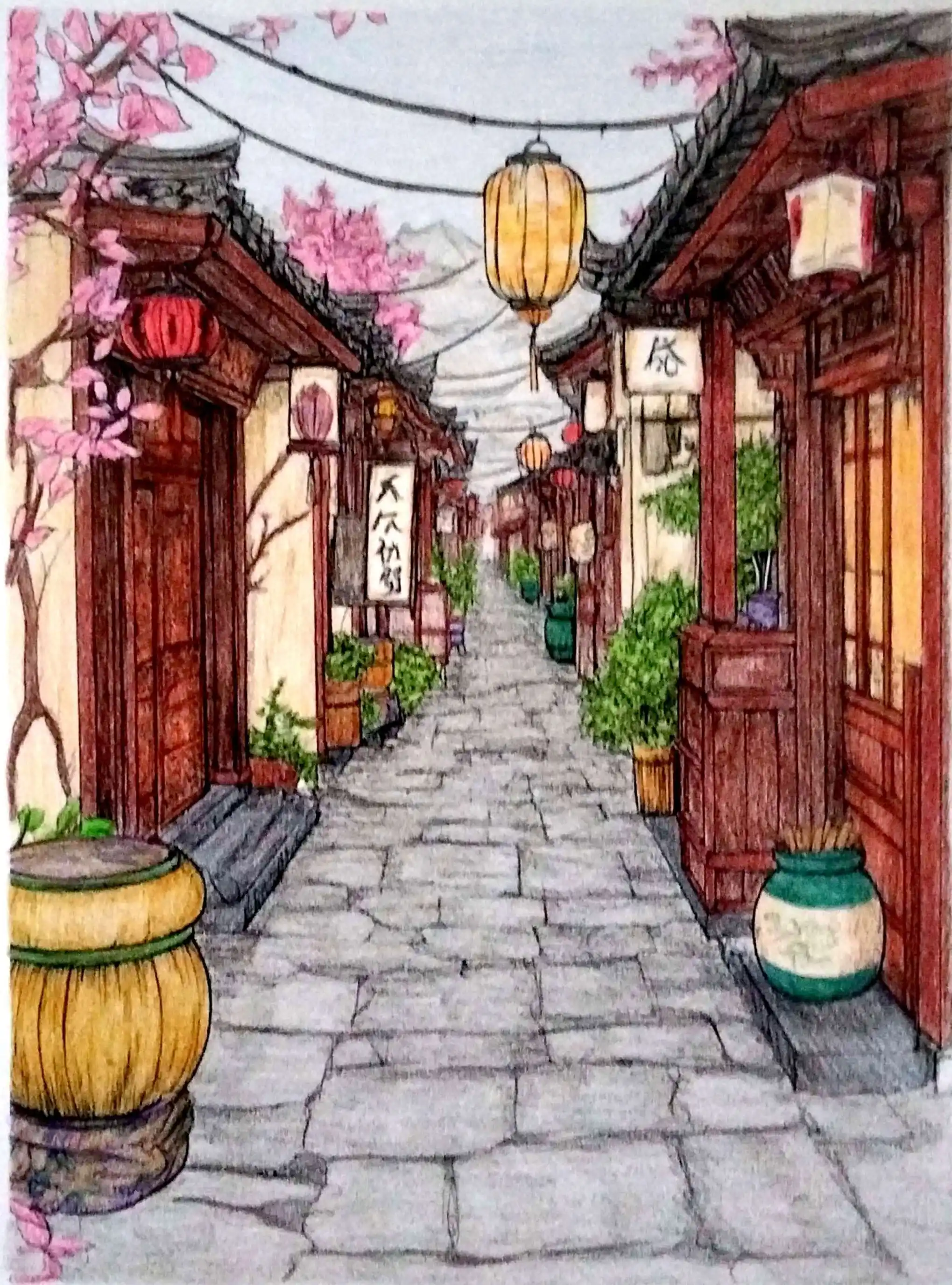 Exemple de coloriage asiatique adulte colorié - Ruelle Japonaise avec techniques mixtes