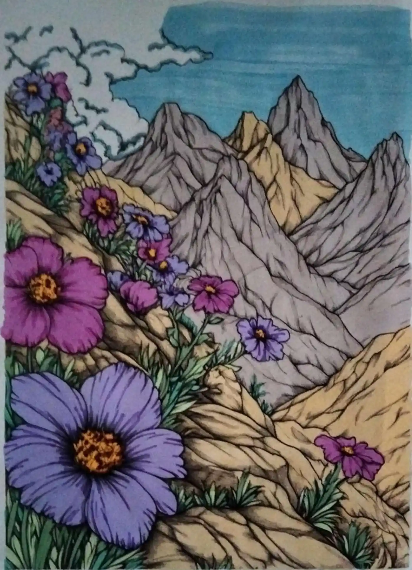 Coloriage nature pour adulte terminé - Fleurs de Montagne colorié aux crayons
