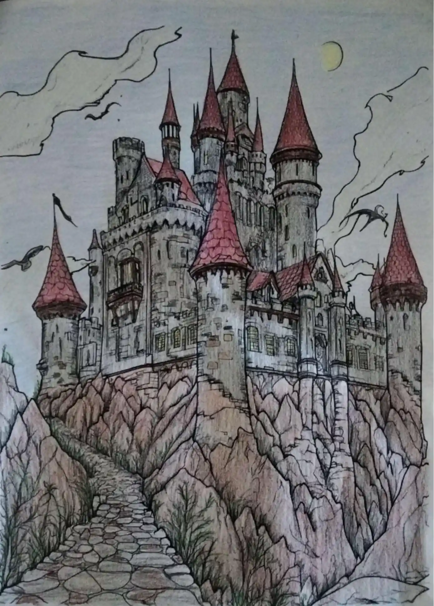 Exemple de coloriage architecture adulte - Château Enchanté colorié aux crayons