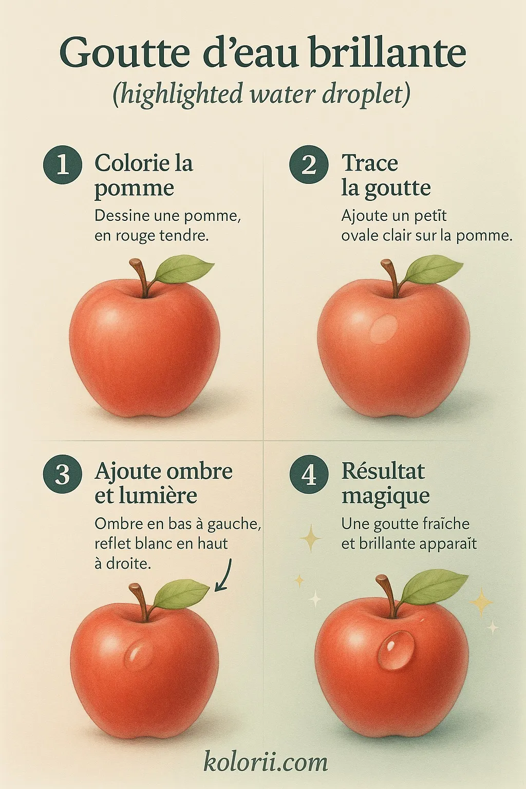 Technique coloriage adulte goutte d'eau brillante gratuit - Reproduisez la transparence et la brillance de l'eau grâce à une technique précise de reflets et d'ombres. Créez des zones d'intense luminosité, ajoutez des reflets blancs stratégiques, travaillez les dégradés de transparence et capturez l'éclat cristallin d'une goutte d'eau parfaite. - Avancé 5 étapes